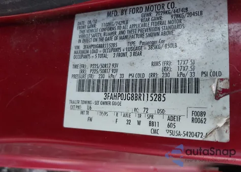 2011 Ford Fusion Sel z USA, uszkodzony, nr VIN 3FAHP0JG8BR115285